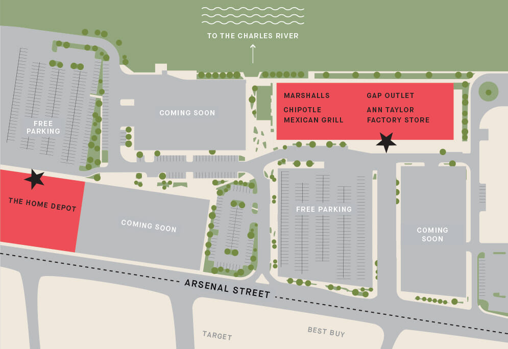 Arsenal Yards Current site plans howing current retailers and free parking