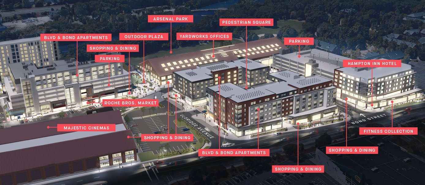An aerial rendering of Arsenal Yards at night showing the completed development as it will look in 2020