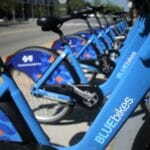 Bikes docked at a BlueBikes hub