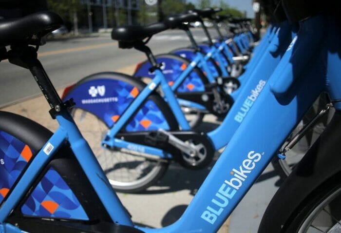 Bikes docked at a BlueBikes hub