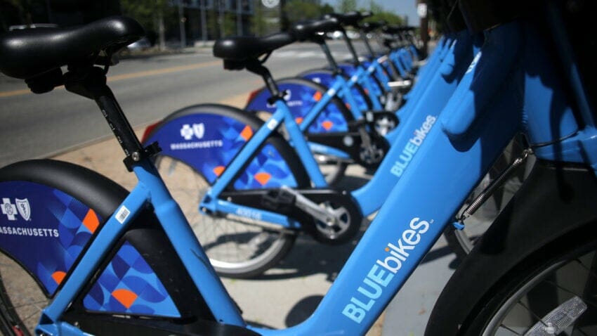 Bikes docked at a BlueBikes hub