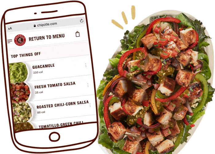 Illustration of a smart phone showing Chipotle's online menu next to a Chipotle bowl