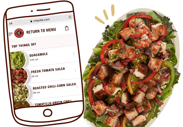 Illustration of a smart phone showing Chipotle's online menu next to a Chipotle bowl