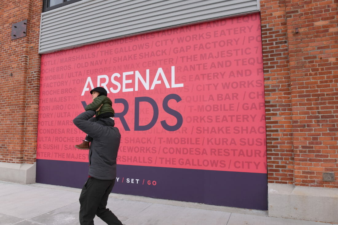 Arsenal Yards graphic on a garage door