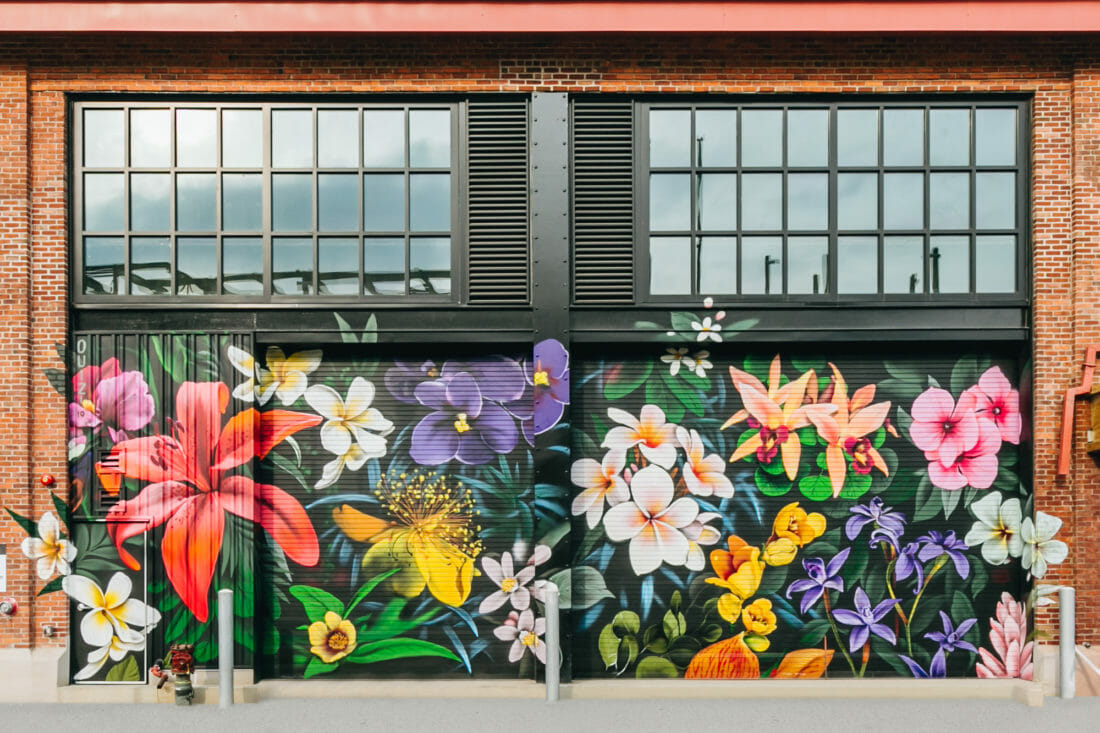 A mural of flowers at Arsenal Yards