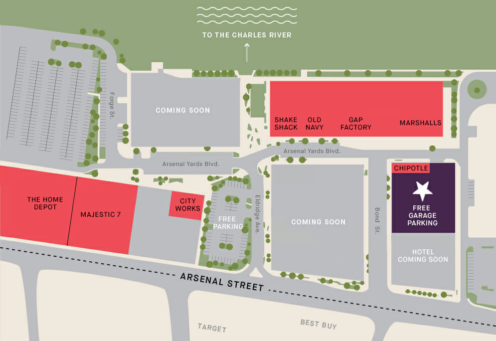 Arsenal Yards Current site plans howing current retailers and free parking