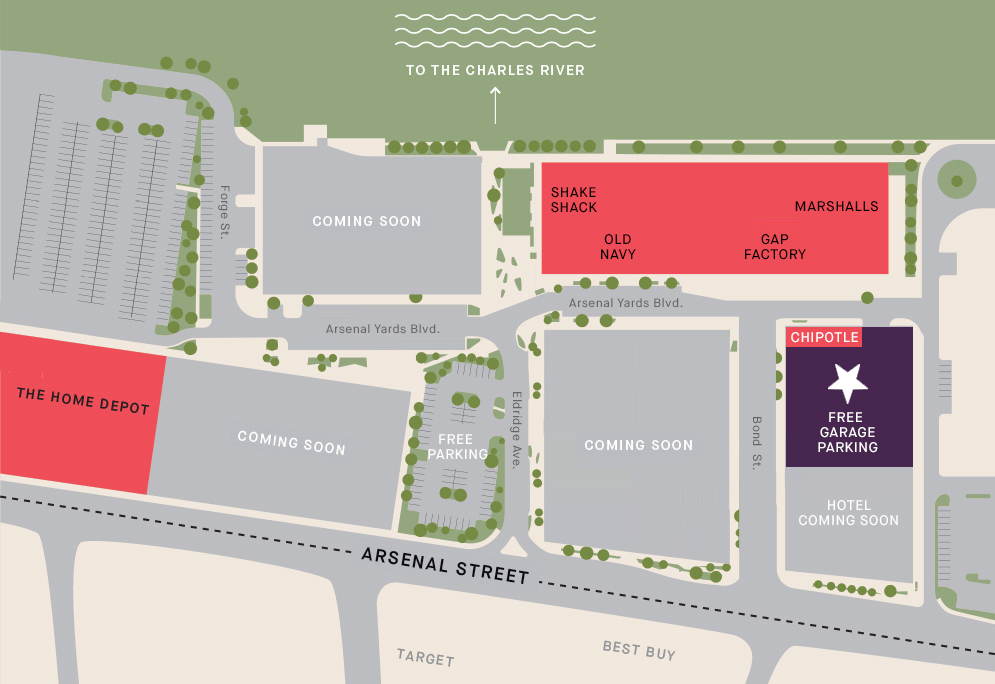 Arsenal Yards Current site plans howing current retailers and free parking