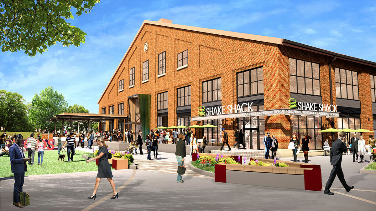 Rendering of river green and Shake Shack at Arsenal Yards