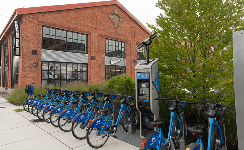 A row of bicycles for public transportation